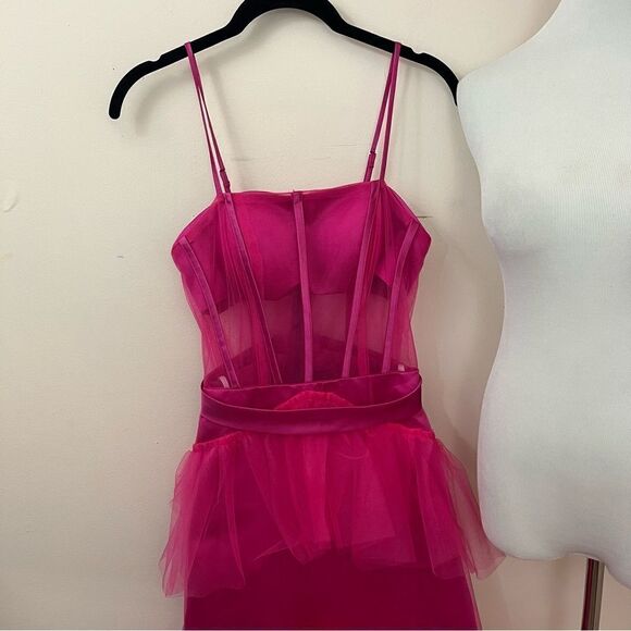 Fuchsia Pink Tulle Evening/ Prom Gown Corset Style Sheer S - Picture 4 of 9